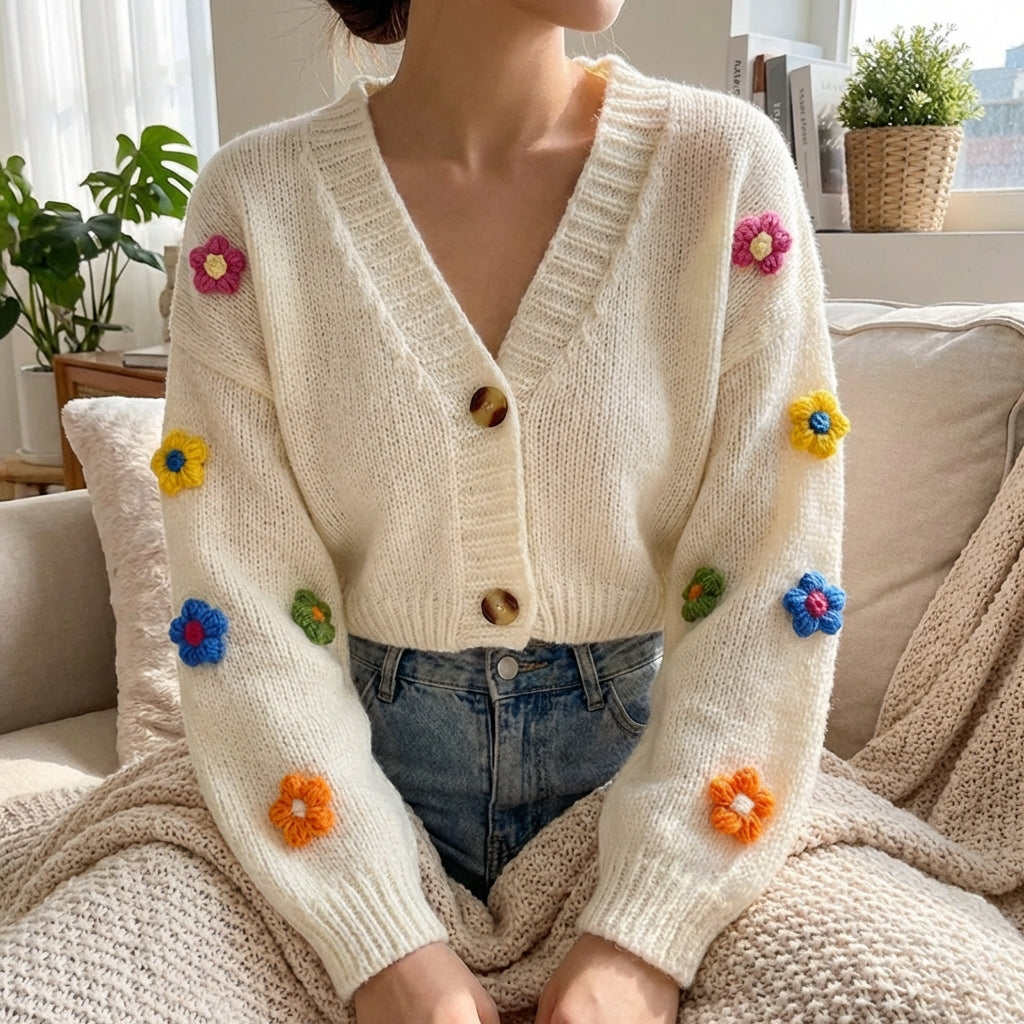 Verkürzter V-Ausschnitt-Cardigan mit Blumenapplikationen und weichem Strick