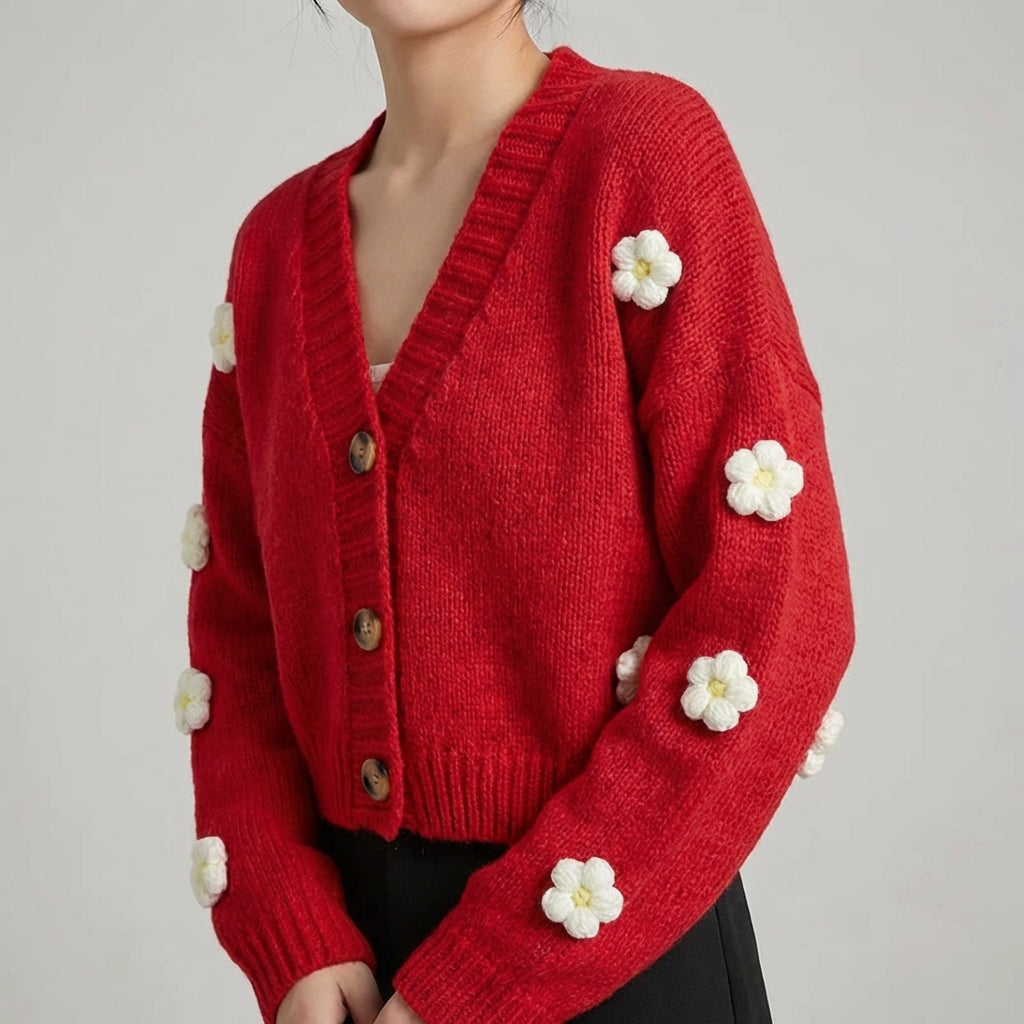 Verkürzter V-Ausschnitt-Cardigan mit Blumenapplikationen und weichem Strick