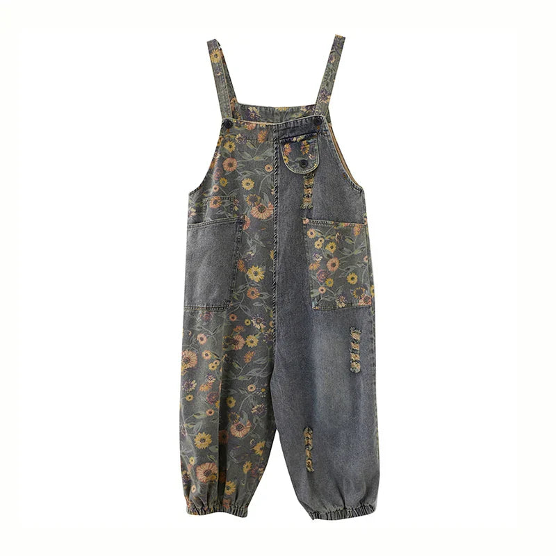 Denim-Latzhose mit Blumenmuster und verstellbaren Trägern breites Bein