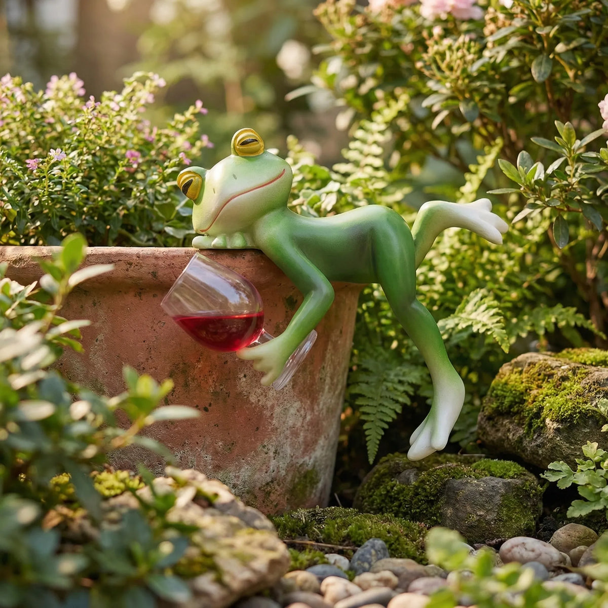 Froschfigur hängend mit Weinglas für Gartendeko und Innenbereich