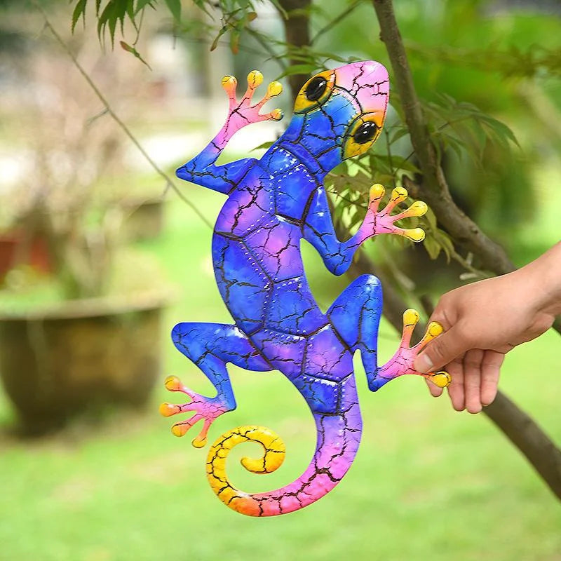 Bunte Gecko-Wandskulptur mit Crackle-Lackierung für Garten und Wohnbereich