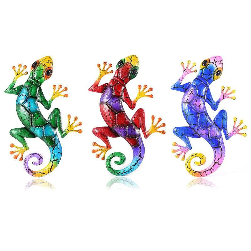 Bunte Gecko-Wandskulptur mit Crackle-Lackierung für Garten und Wohnbereich
