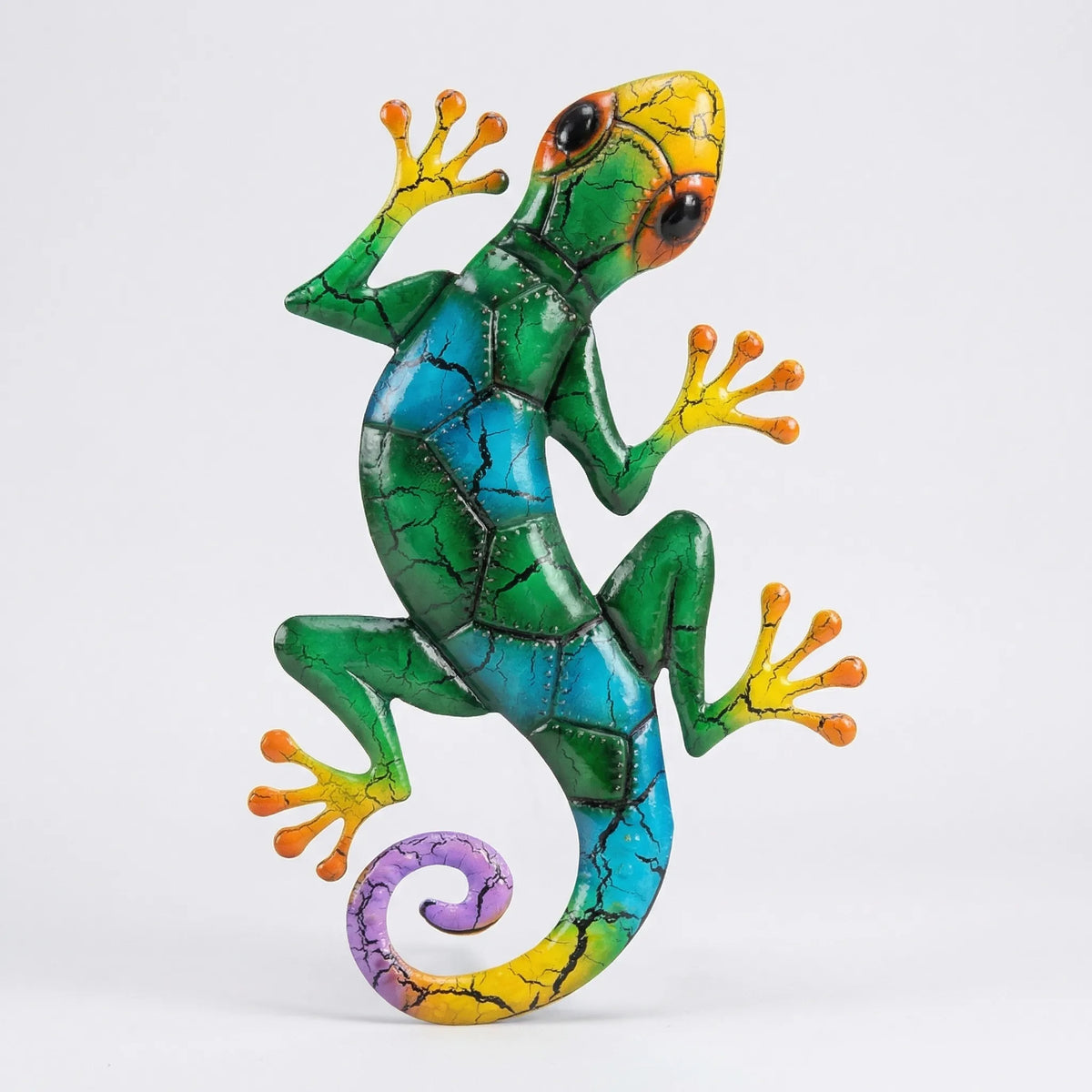 Bunte Gecko-Wandskulptur mit Crackle-Lackierung für Garten und Wohnbereich