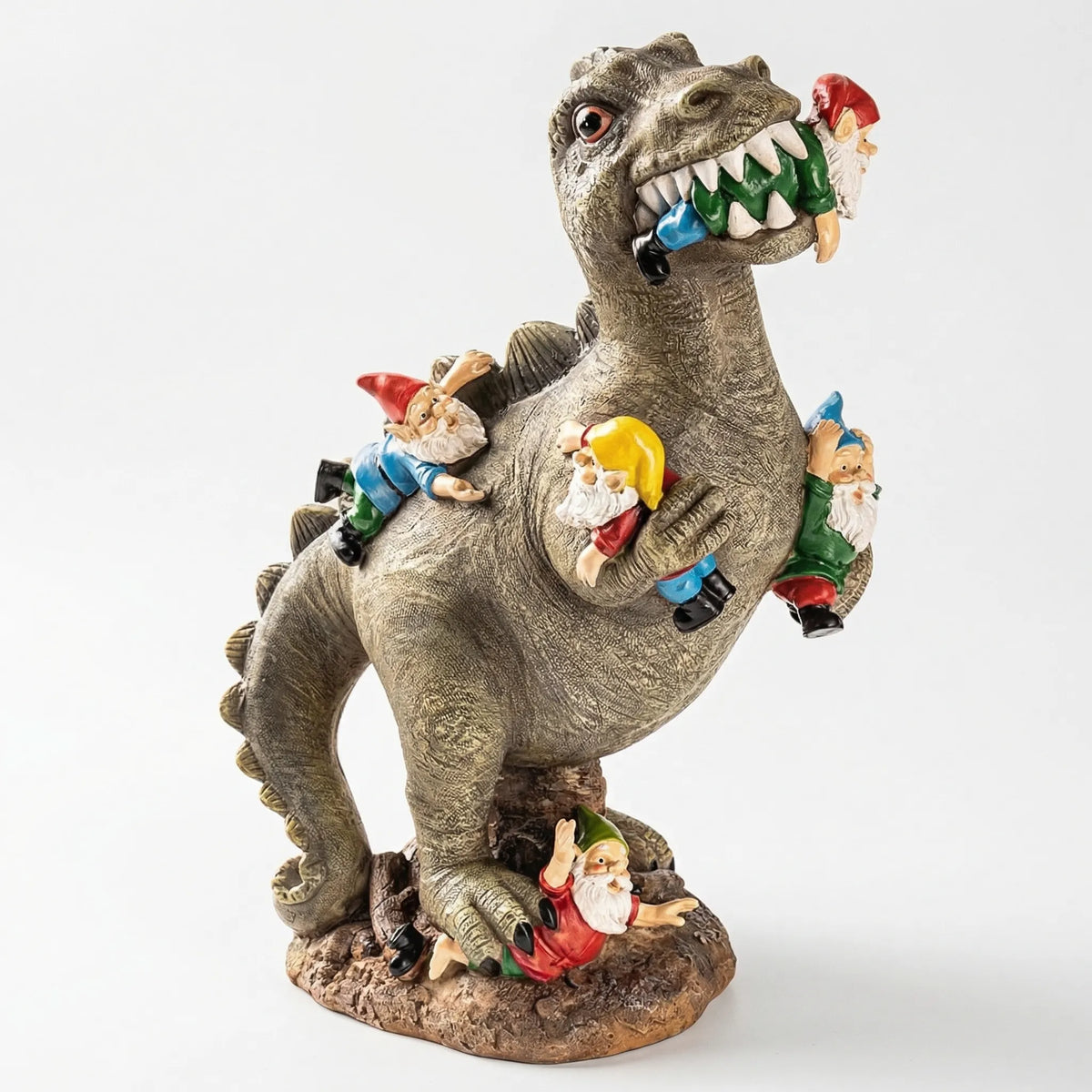 Dinosaurier-Gartenfigur T-Rex isst Zwerge handgemalt wetterfest