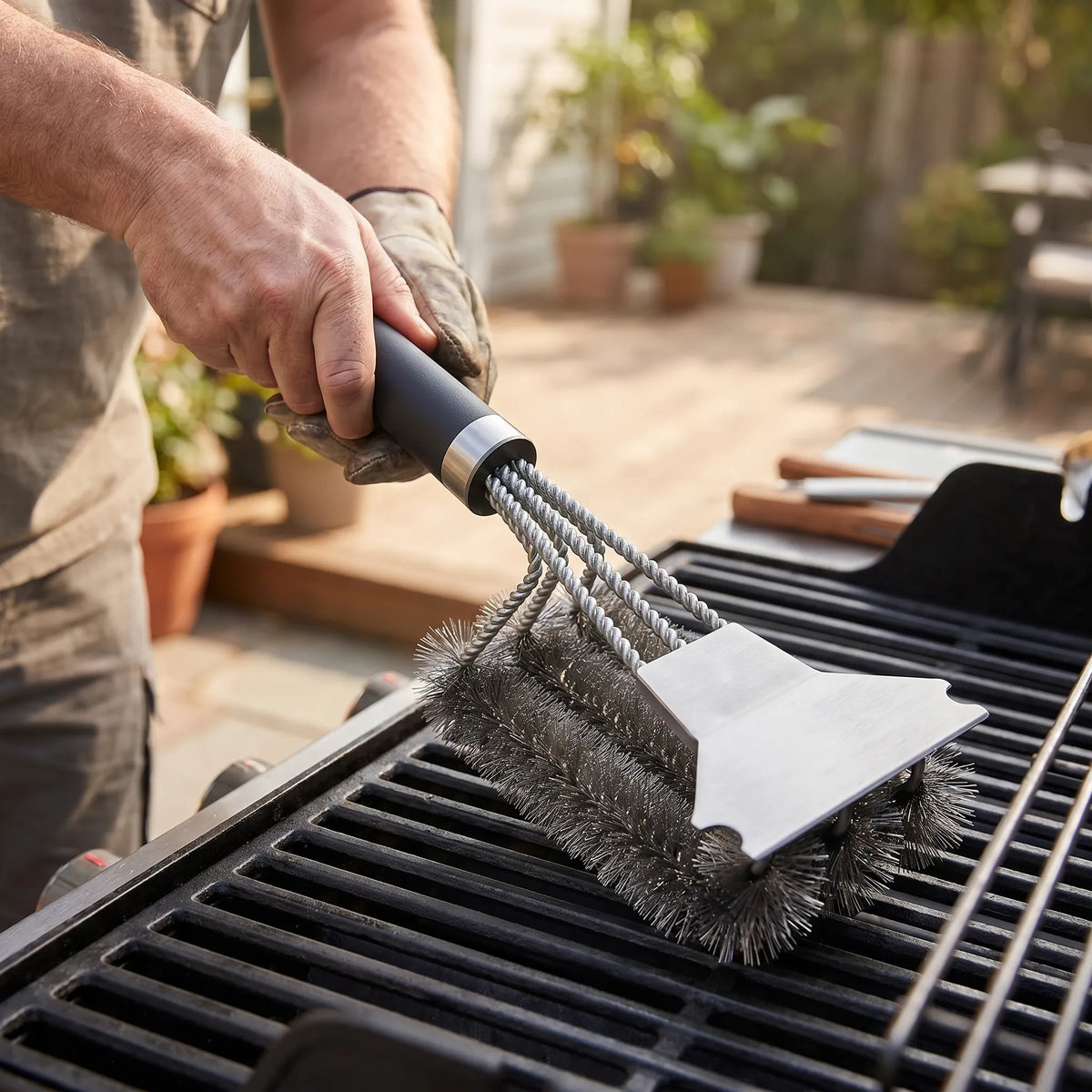 Grillbürste mit Schaber und Edelstahlborsten für Aussengrills