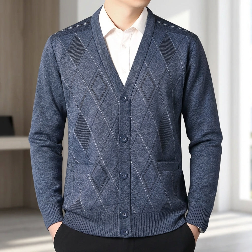 V-Ausschnitt-Cardigan mit Knopfleiste geometrisches Strickmuster