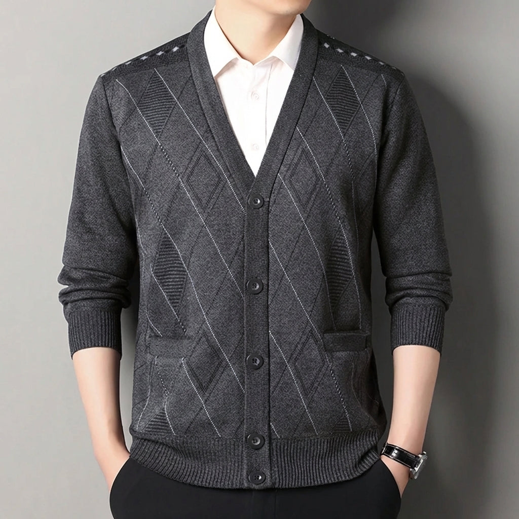 V-Ausschnitt-Cardigan mit Knopfleiste geometrisches Strickmuster