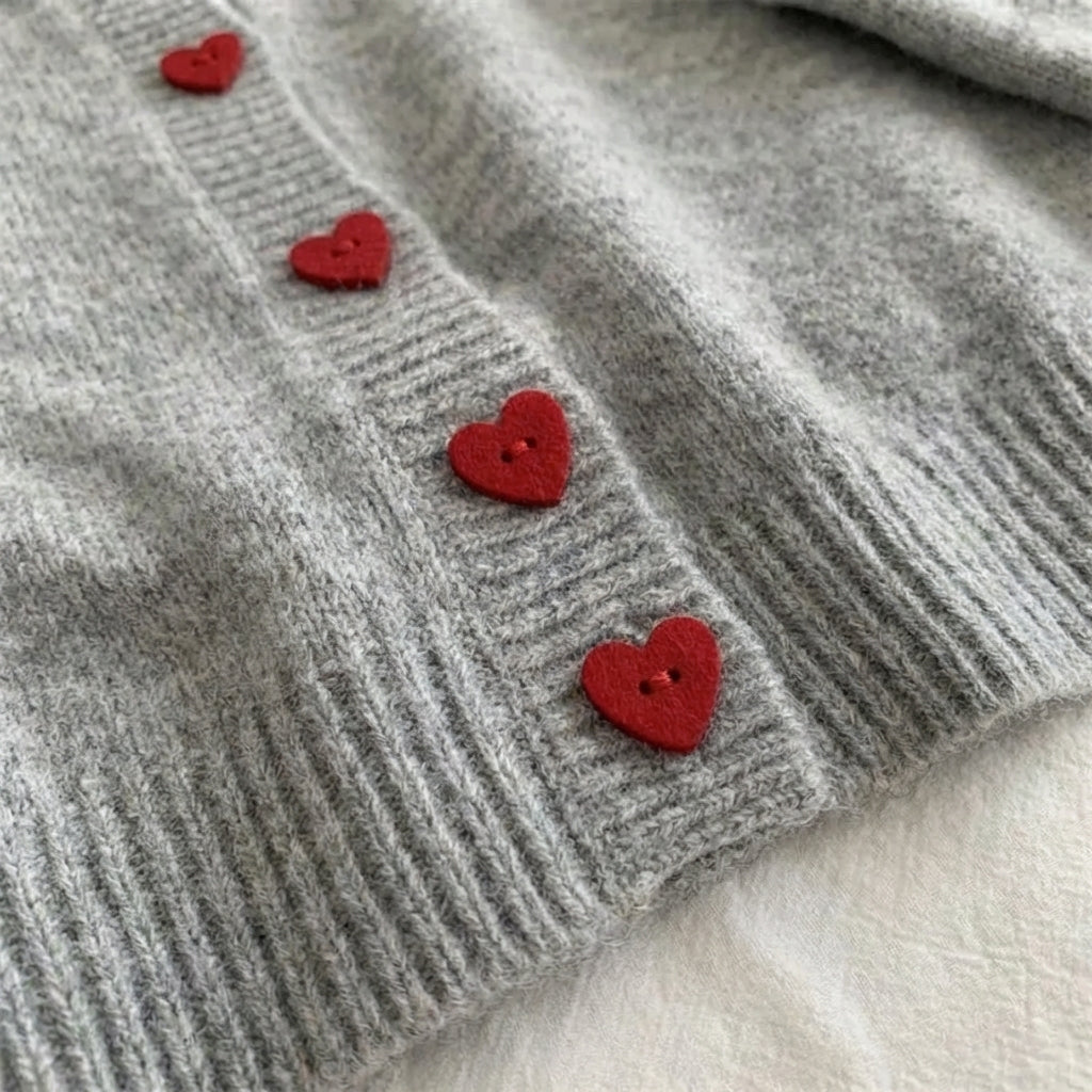 Gestrickte Strickjacke mit Herzknöpfen abgesetzter Schulter lockere Passform