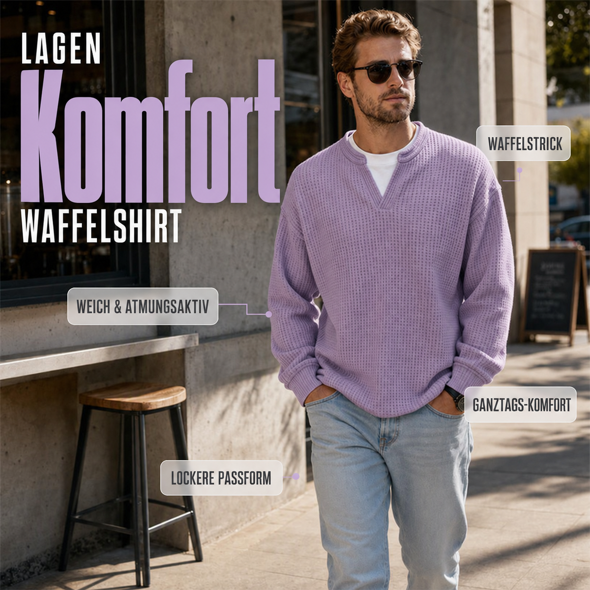Camp Basel | Herren Strukturiertes Waffel Langarm-Shirt im Lagen-Look