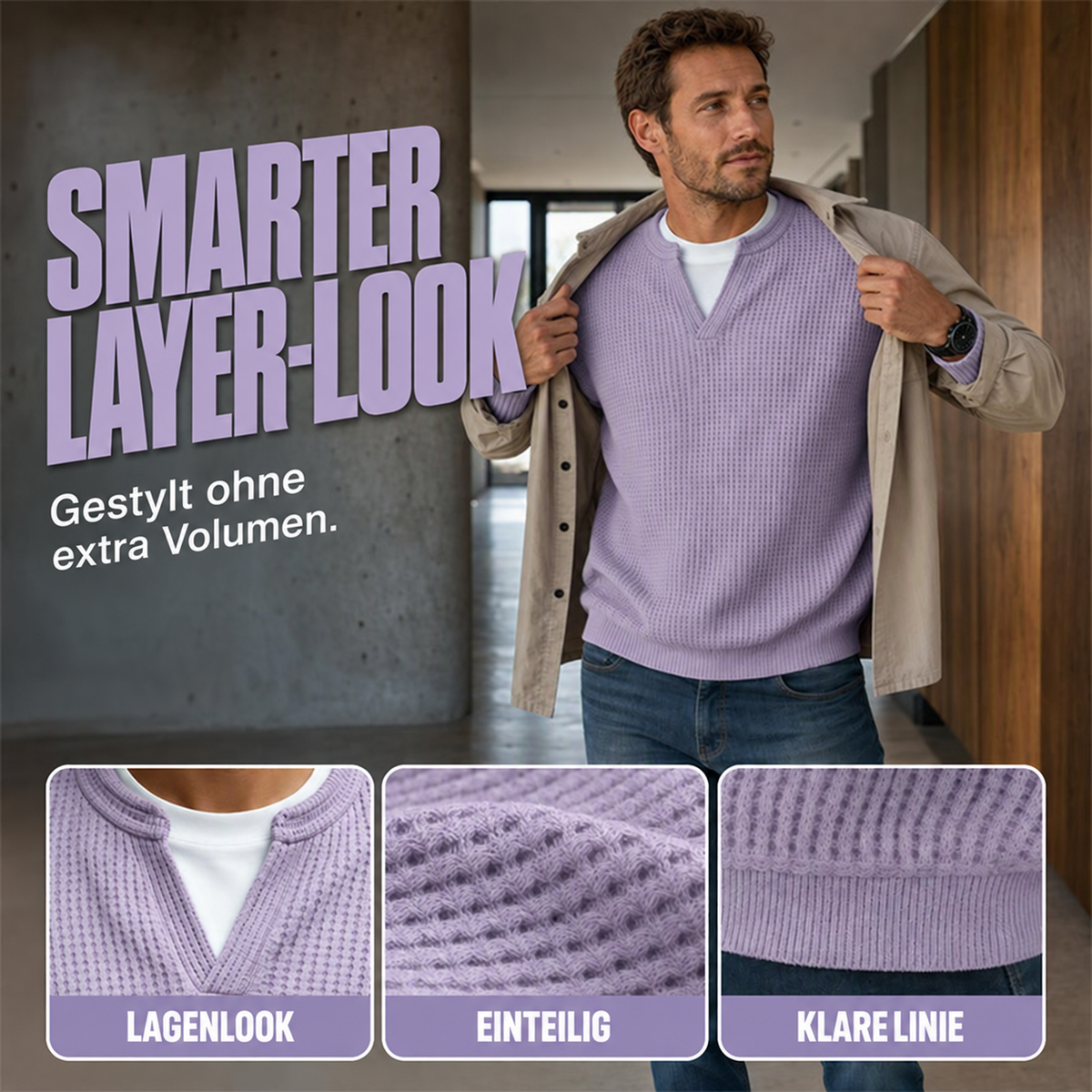Camp Basel | Herren Strukturiertes Waffel Langarm-Shirt im Lagen-Look