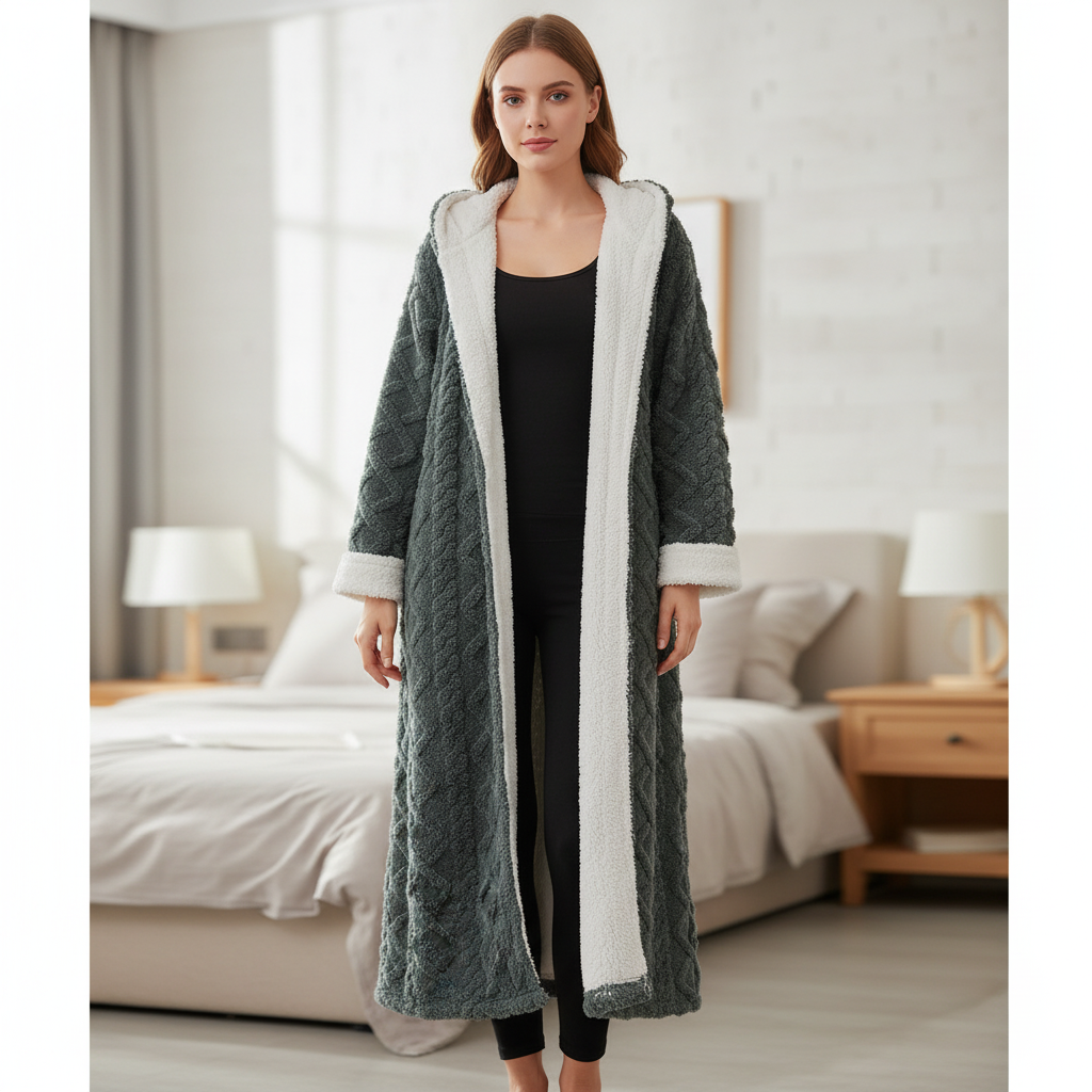 Damen Kapuzen-Bademantel lang plüschig warm Knöchellänge Winter