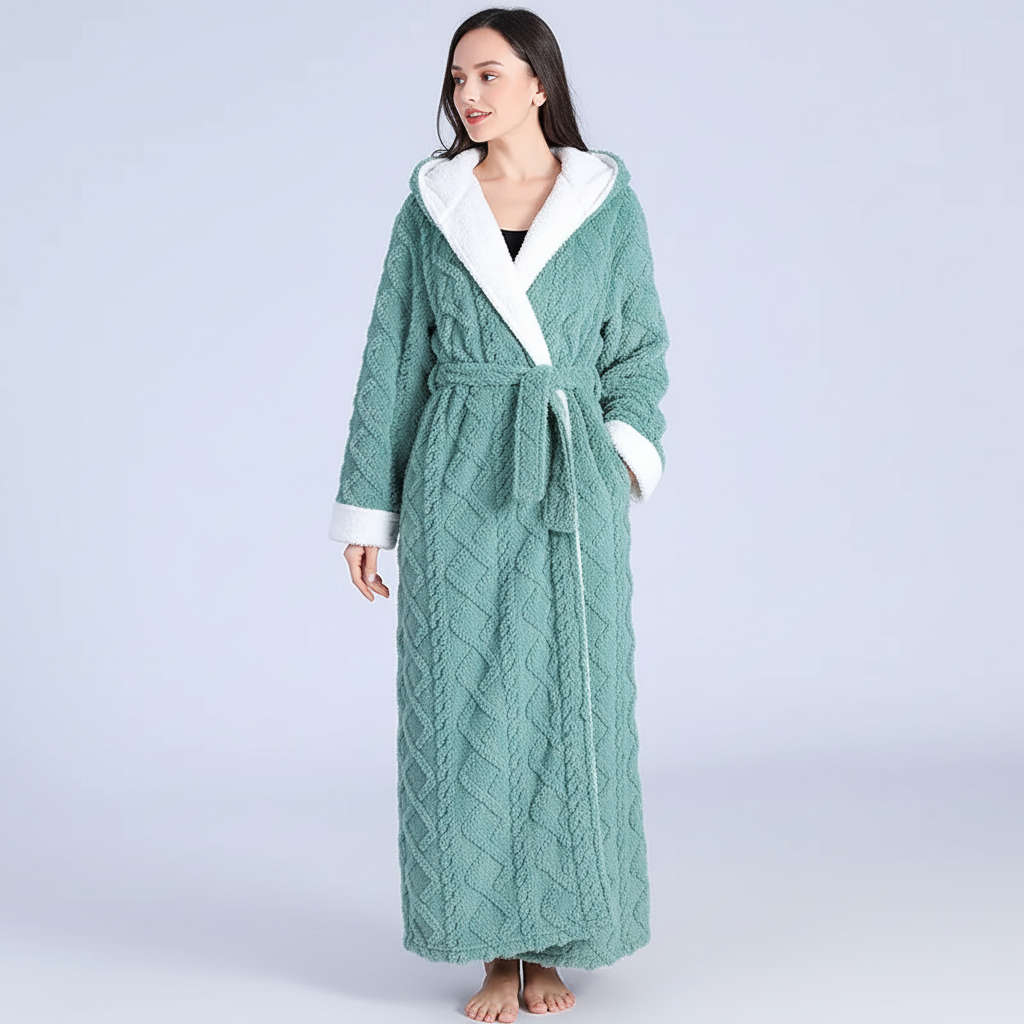 Damen Kapuzen-Bademantel lang plüschig warm Knöchellänge Winter