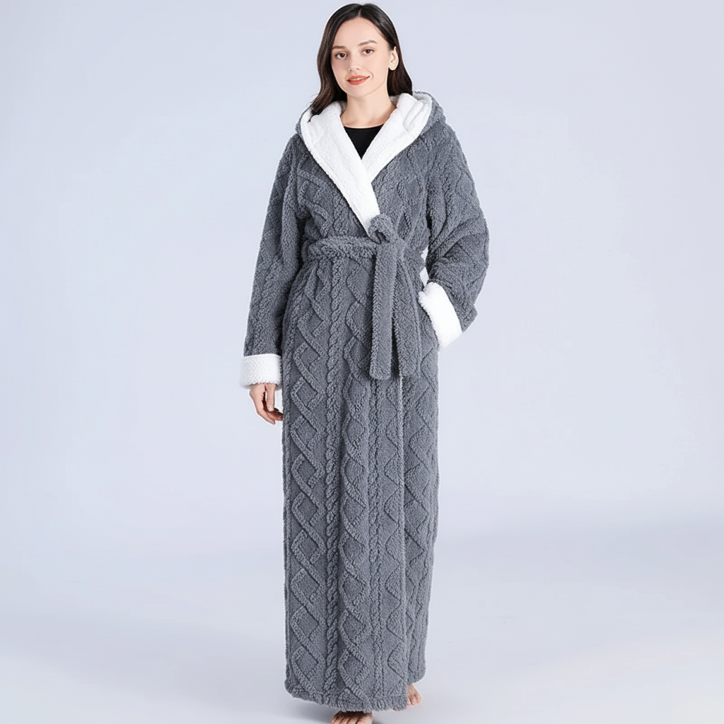 Damen Kapuzen-Bademantel lang plüschig warm Knöchellänge Winter