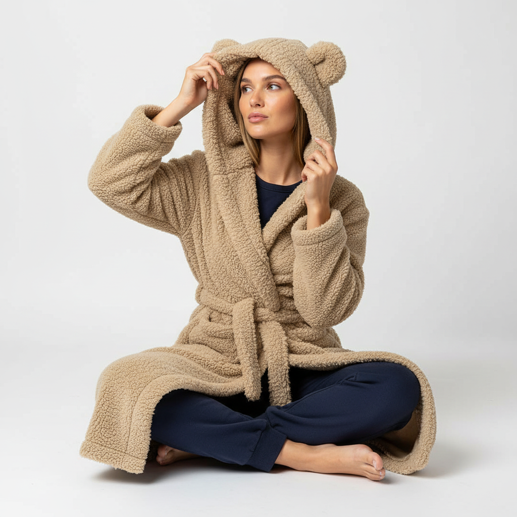 Kapuzen-Bademantel knielang doppelseitiges Fleece warm gemütlich