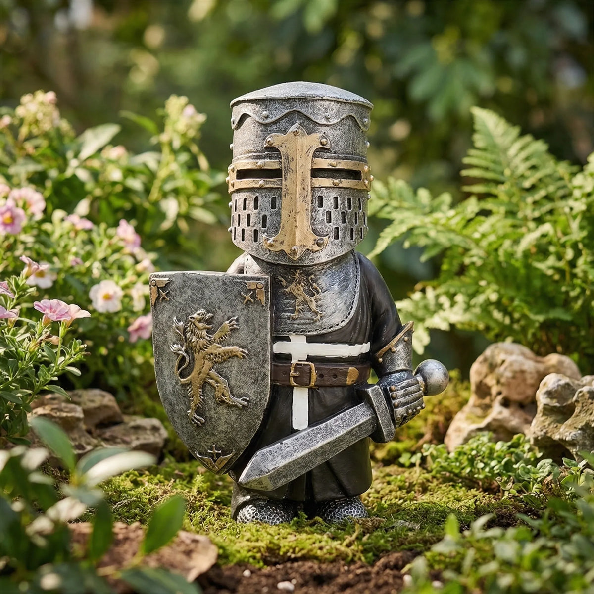 Miniatur Mittelalter-Ritter Gartenfigur mit Kettenhemd und Topfhelm