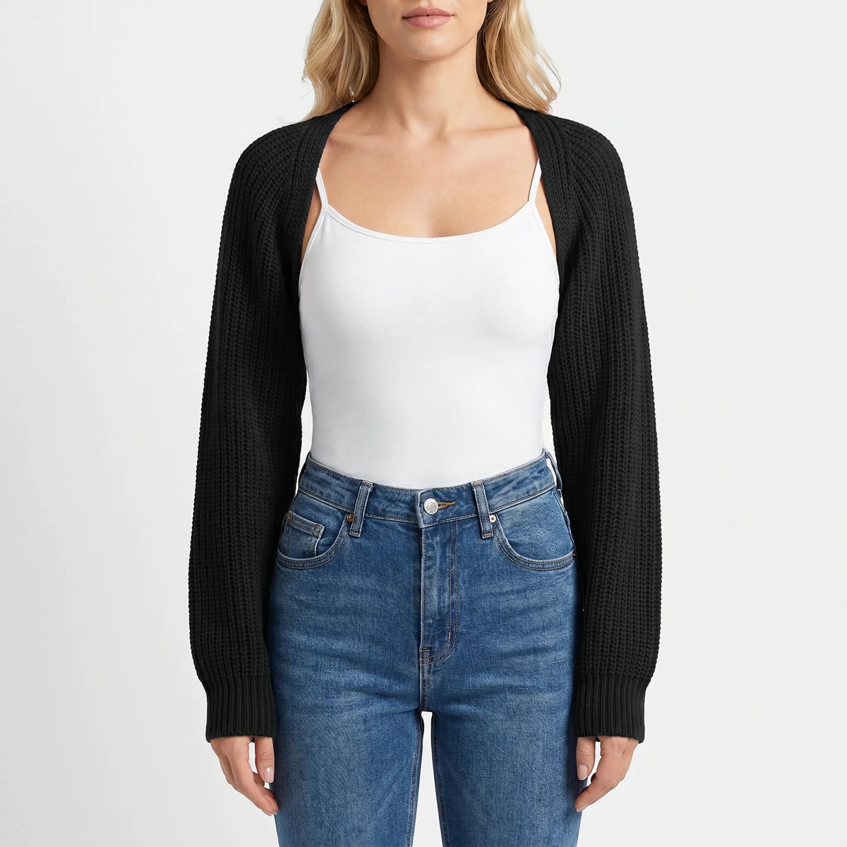 Gerippter Strick-Bolero mit offener Front und Drop-Shoulder-Ärmeln