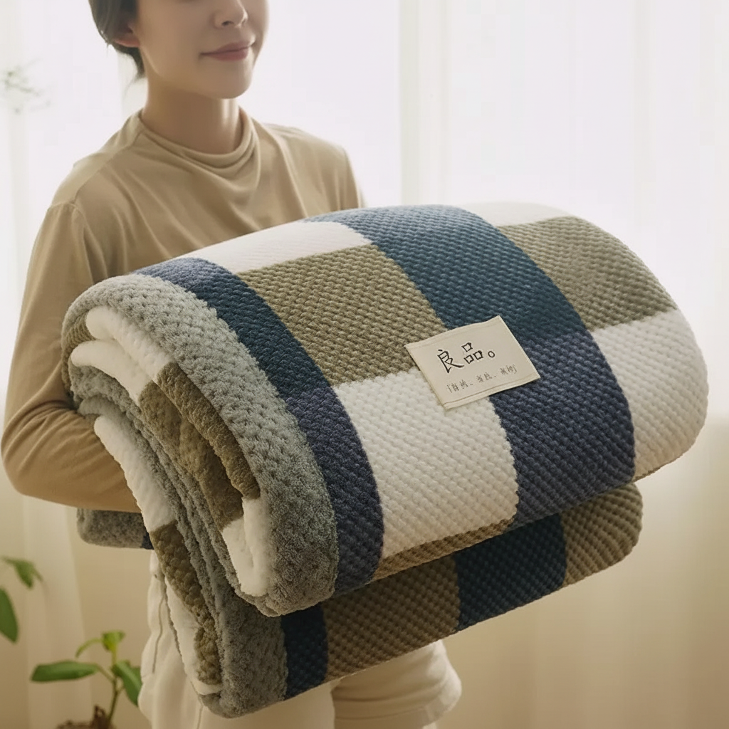 Strick-Chenille Wurfdecke mit Karomuster und Fleece-Rückseite
