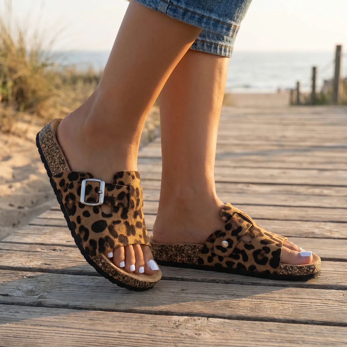 Damen-Pantoletten mit Leopardenmuster, verstellbarer Riemen, flache Sohle