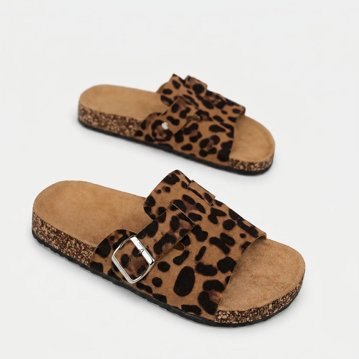 Damen-Pantoletten mit Leopardenmuster, verstellbarer Riemen, flache Sohle