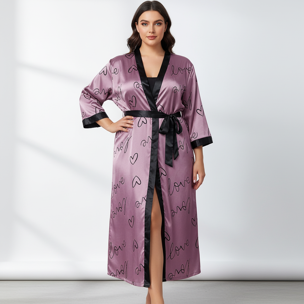 Übergrößen-Kimono-Bademantel Leopardenmuster knöchellang mit Taillenband