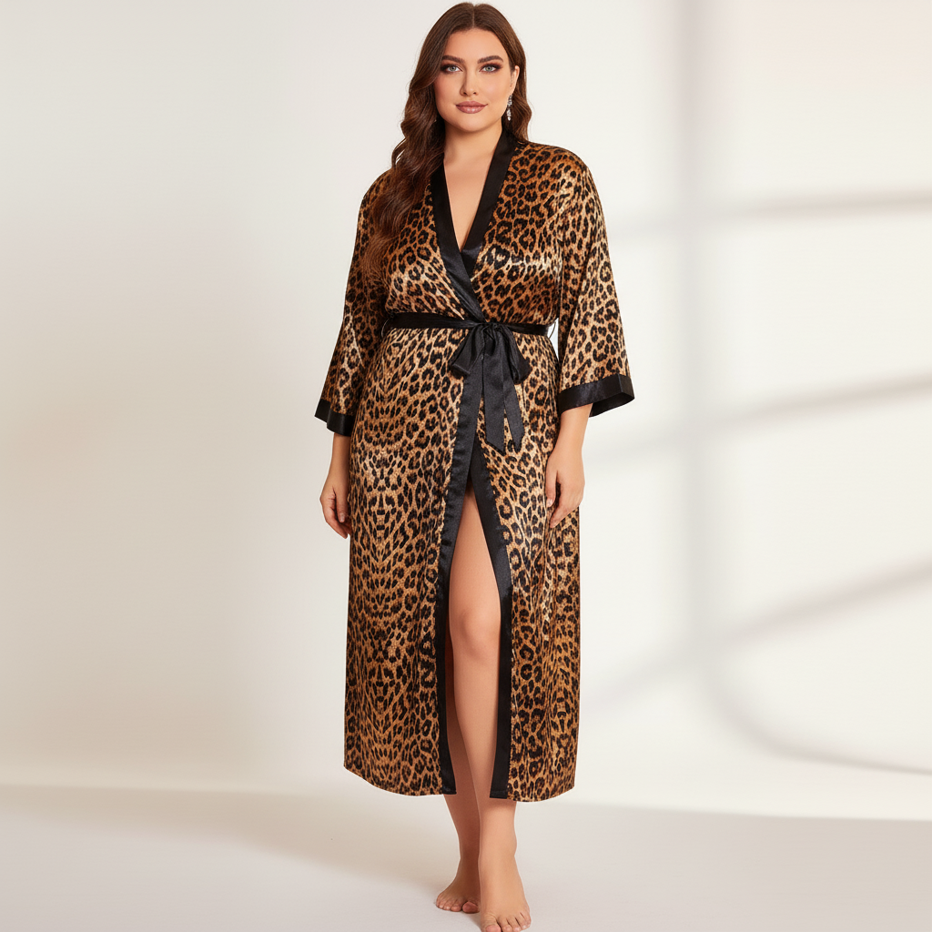 Übergrößen-Kimono-Bademantel Leopardenmuster knöchellang mit Taillenband