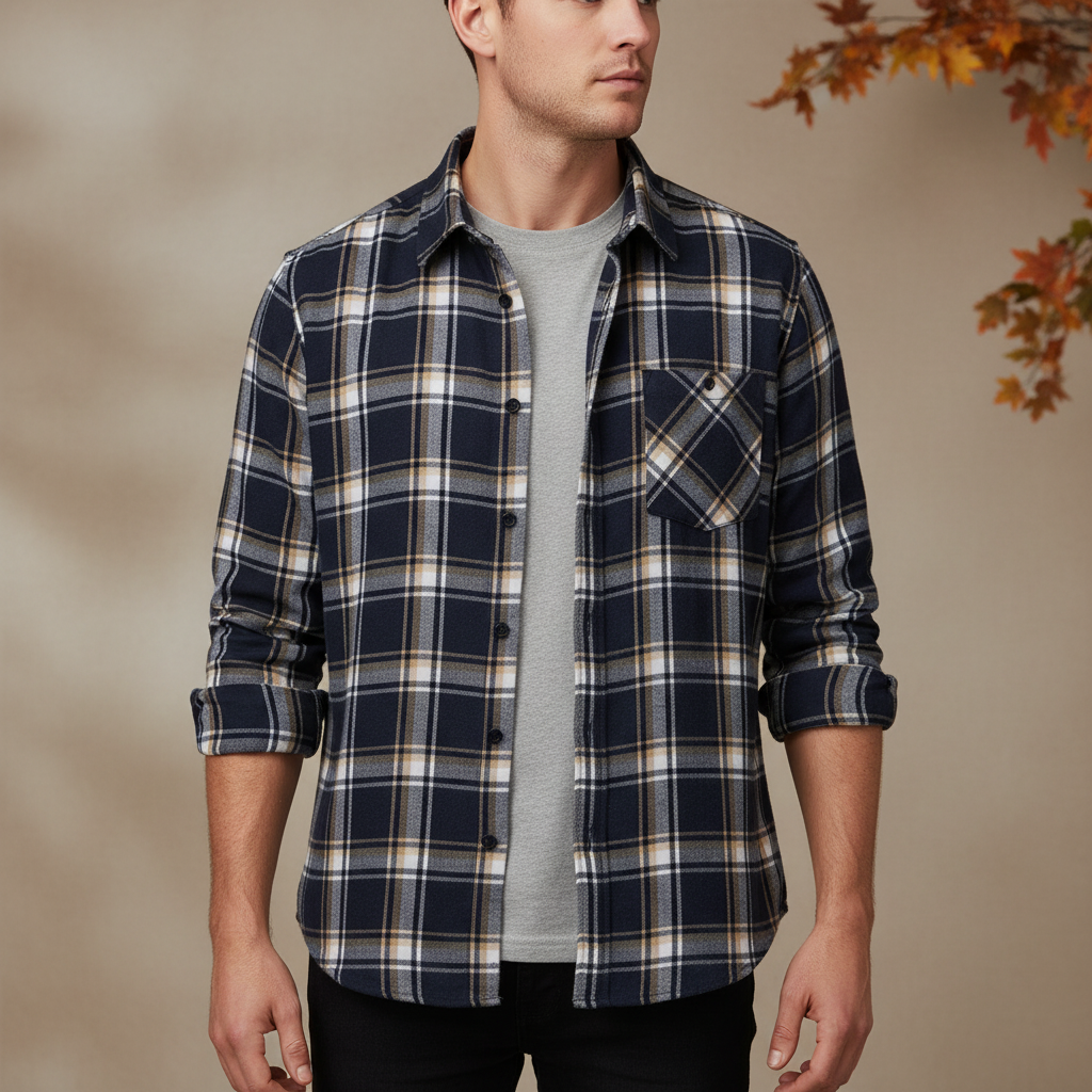 Herren-Langarmhemd aus Baumwoll-Flanell mit Karomuster und Brusttasche