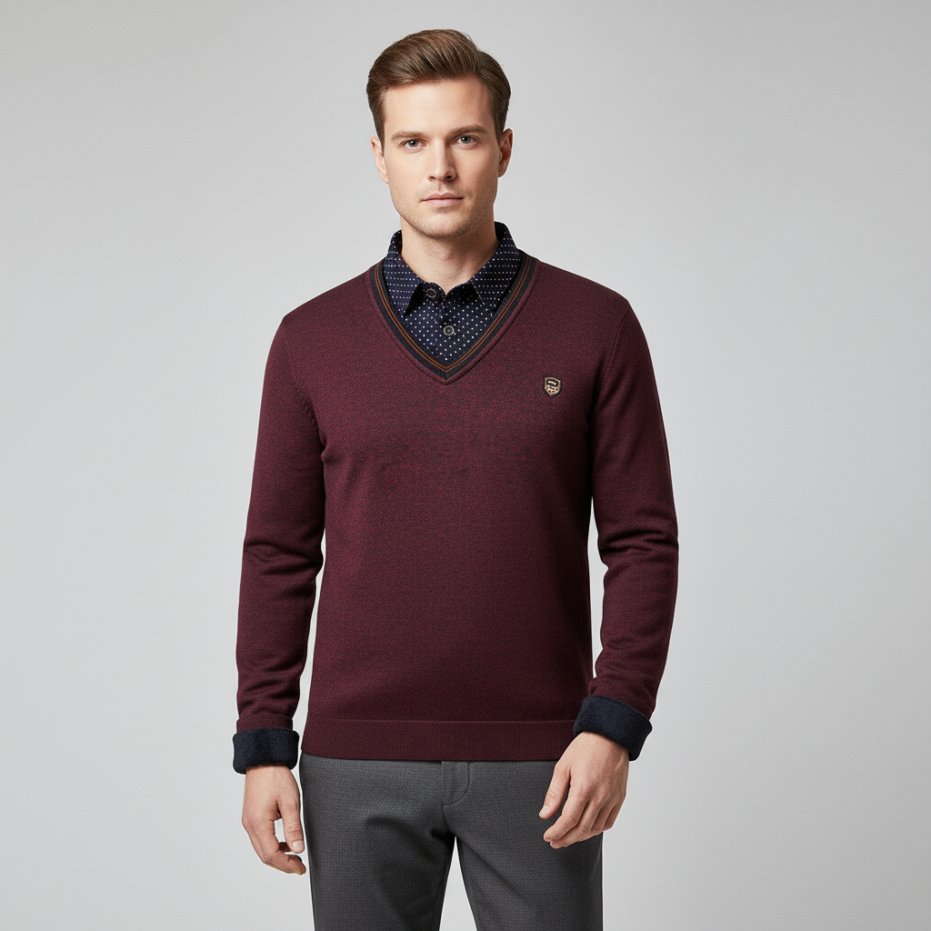 Herren-Fleece-Pullover mit Shawl-Kragen und gepunkteten Ärmeln