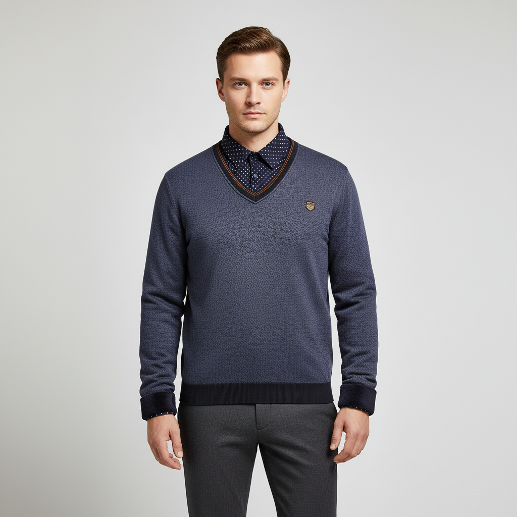 Herren-Fleece-Pullover mit Shawl-Kragen und gepunkteten Ärmeln