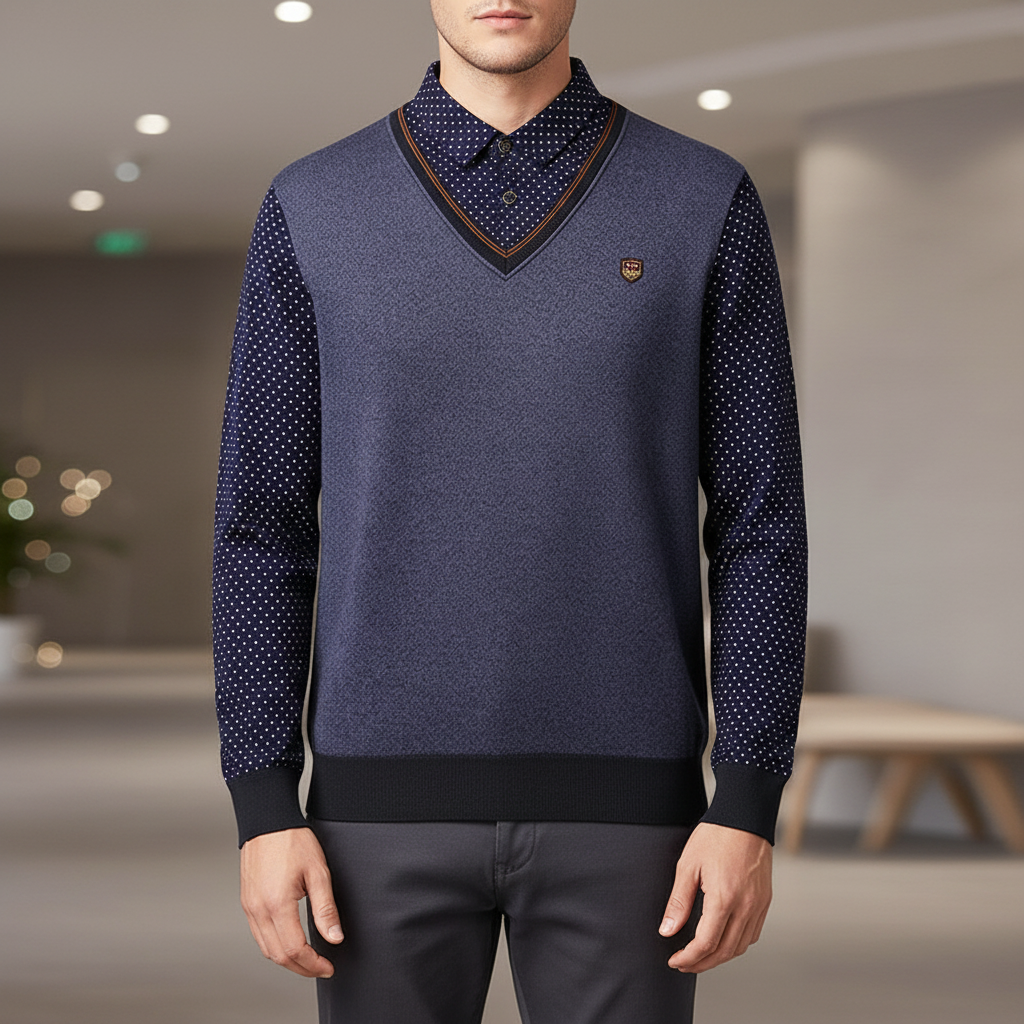 Herren-Fleece-Pullover mit Shawl-Kragen und gepunkteten Ärmeln