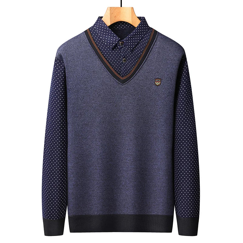 Herren-Fleece-Pullover mit Shawl-Kragen und gepunkteten Ärmeln