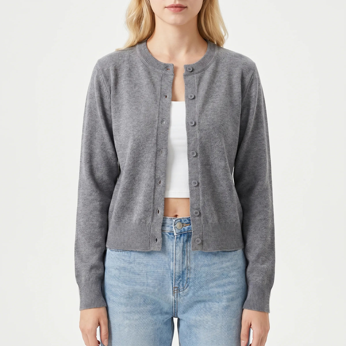 Langarm-Strickjacke mit Rundhalsausschnitt und Knopfleiste