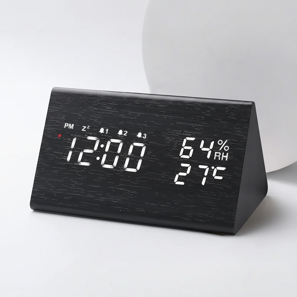 LED-Wecker Holzoptik schallaktiviert mit Temperatur- und Feuchtigkeitsmessung