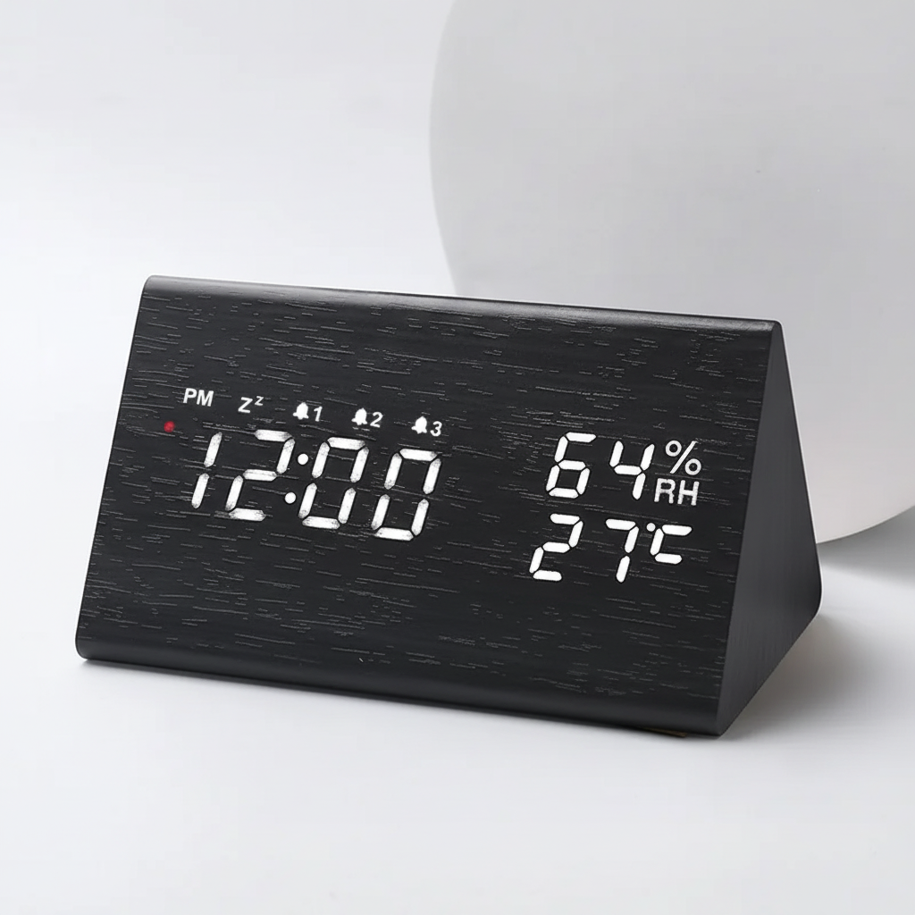 LED-Wecker Holzoptik schallaktiviert mit Temperatur- und Feuchtigkeitsmessung