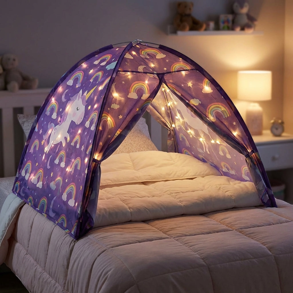 Faltbarer Kinder Betthimmel mit Licht und integrierten Taschen für gemütliche Schlafenszeit