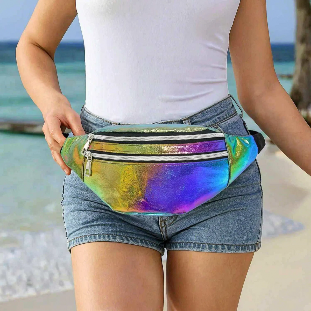 Holografische Hüfttasche mit schillerndem Finish und Reißverschlusstaschen