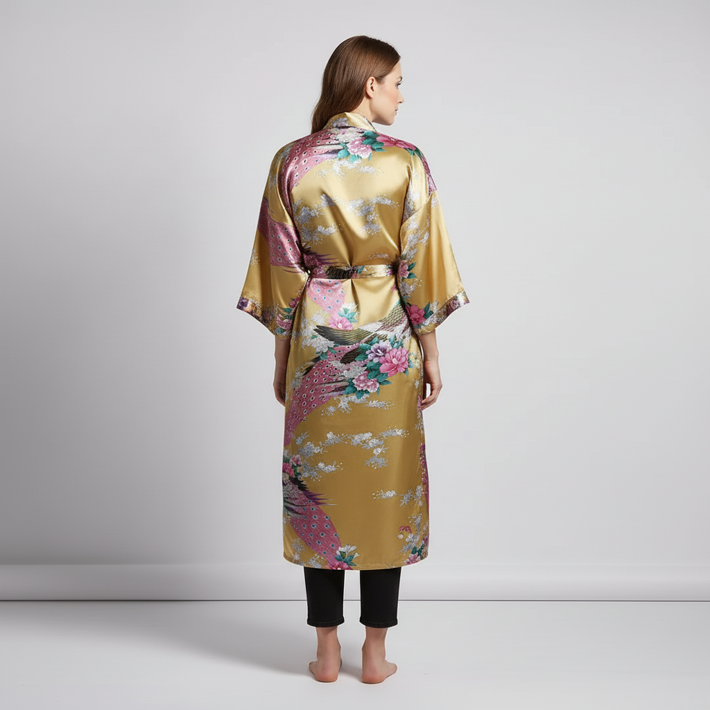 Kurzer Blüten-Kimono-Bademantel knielang mit Glanzfinish und breiten Ärmeln