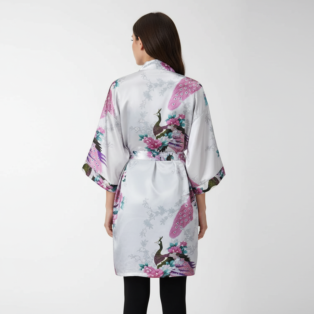 Kurzer Blüten-Kimono-Bademantel knielang mit Glanzfinish und breiten Ärmeln