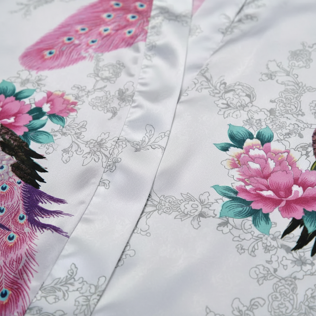 Kurzer Blüten-Kimono-Bademantel knielang mit Glanzfinish und breiten Ärmeln