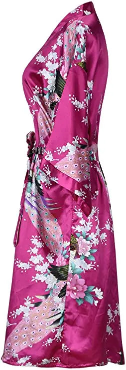 Kurzer Blüten-Kimono-Bademantel knielang mit Glanzfinish und breiten Ärmeln
