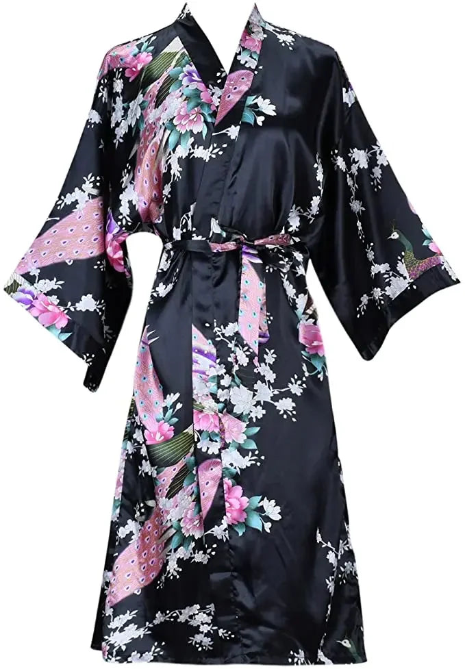 Kurzer Blüten-Kimono-Bademantel knielang mit Glanzfinish und breiten Ärmeln