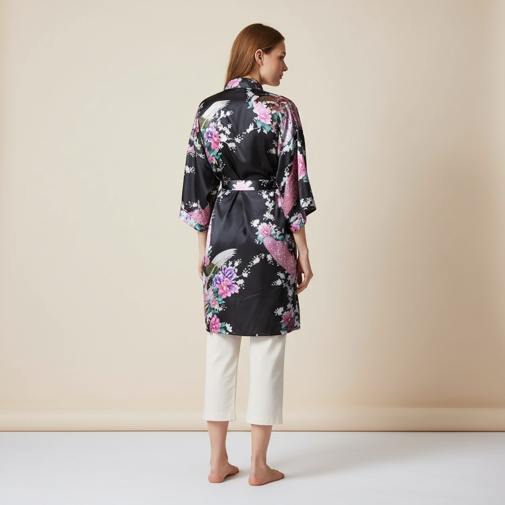Kurzer Blüten-Kimono-Bademantel knielang mit Glanzfinish und breiten Ärmeln
