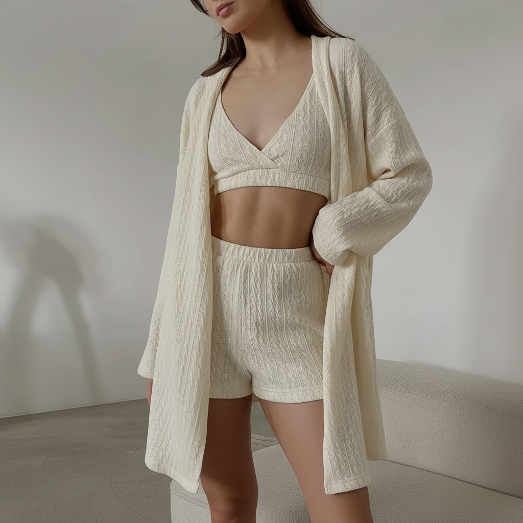 Dreiteiliges Schlafanzug-Set mit V-Ausschnitt, langärmeliger Robe und Shorts