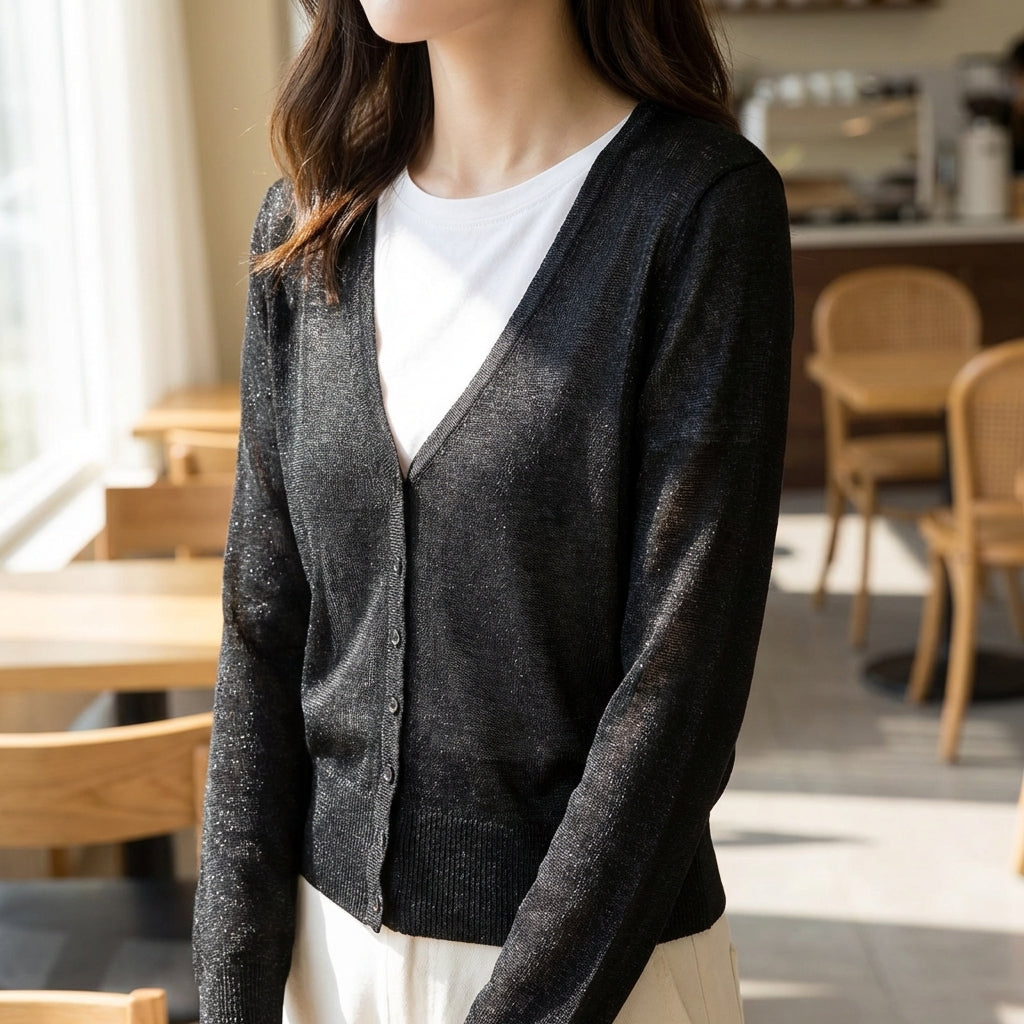 Kurzes V-Ausschnitt-Cardigan leicht Polyester Damen