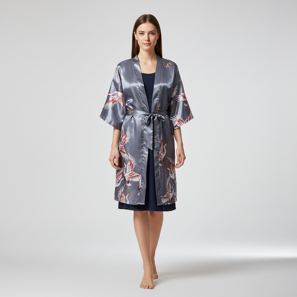 Kurzer Kimono-Morgenmantel mit zartem Blumenmuster elegant seidenartig