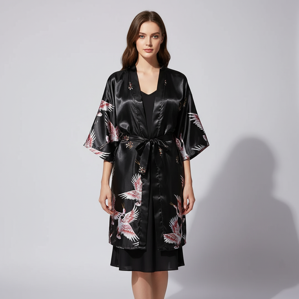 Kurzer Kimono-Morgenmantel mit zartem Blumenmuster elegant seidenartig