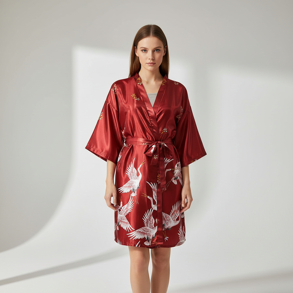 Kurzer Kimono-Morgenmantel mit zartem Blumenmuster elegant seidenartig