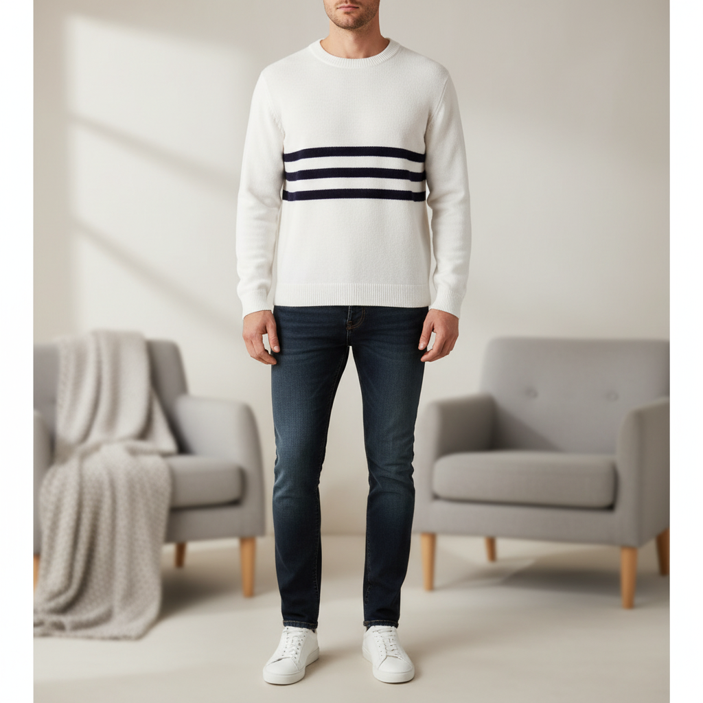 Herren-Wollpullover Rundhalsausschnitt Streifen warm Winter