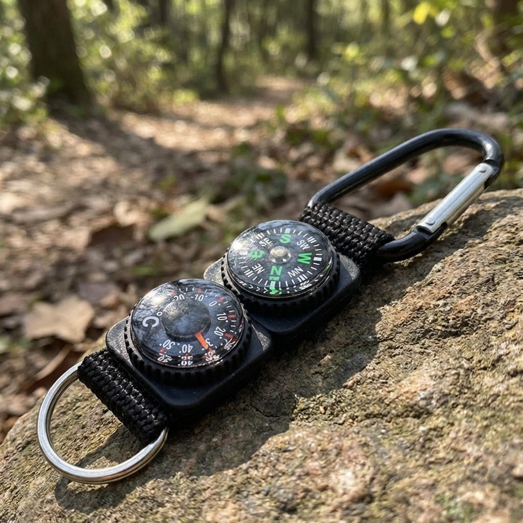 Kompakter Mehrzweck-Schlüsselanhänger mit Kompass und Thermometer
