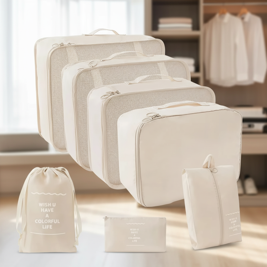 Siebenteiliges Packwürfel-Set mit Mesh-Einsätzen zur Reiseorganisation
