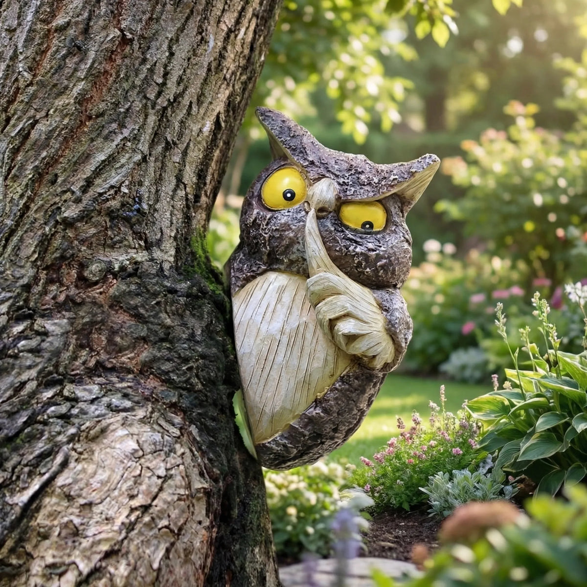 Spähende Eule Baum-Hängeschmuck mit Federtextur und gelben Augen